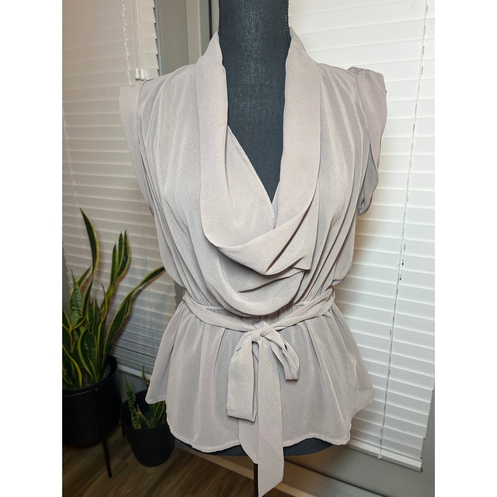 Vintage XXI Taupe Sheer Cowl Neck Belted‎ Blouse Cap Sleeve Peplum Small